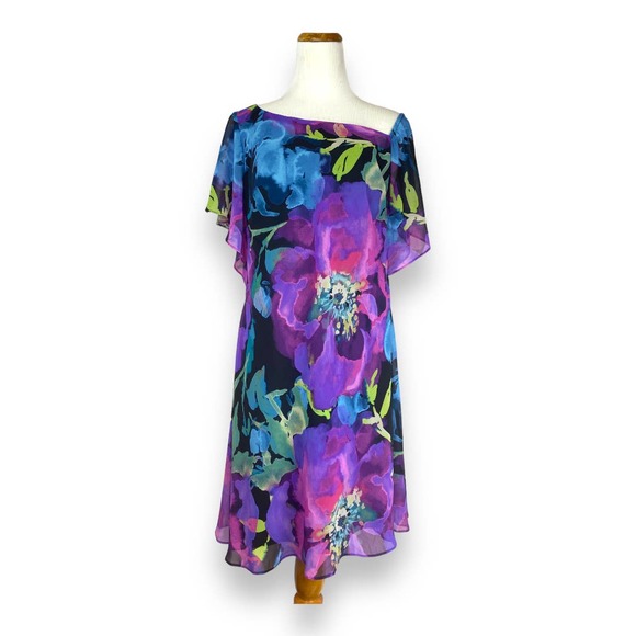 American Living Dresses & Skirts - American Living blue  floral angel sleeve asymmetrical neck shift dress size 14